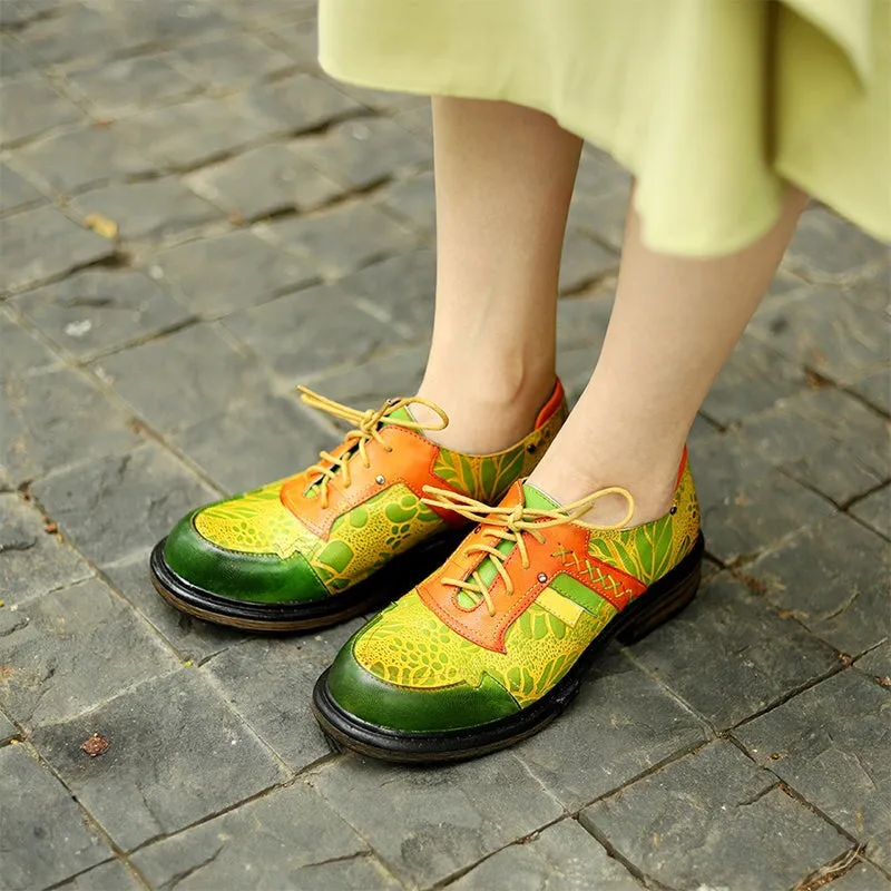 Women Fashion Brogue Oxfords With Printing Lace-up Shoes in Green