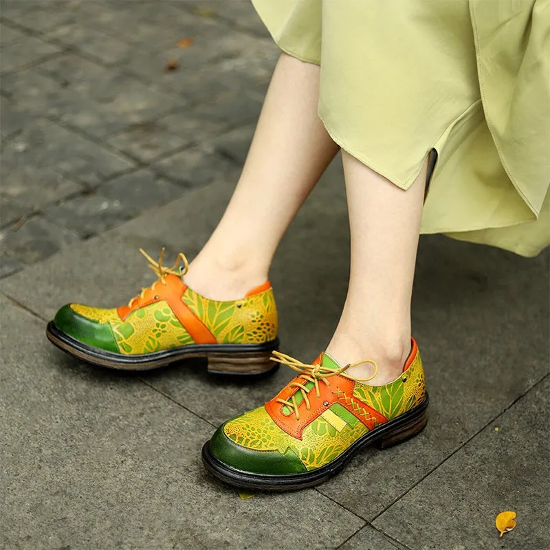 Women Fashion Brogue Oxfords With Printing Lace-up Shoes in Green