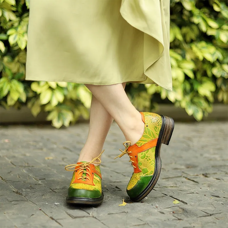 Women Fashion Brogue Oxfords With Printing Lace-up Shoes in Green