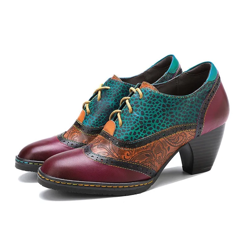 Women Fashion High Heel Oxfords Printing Leather Lace-Up Brogue Shoes in Purple