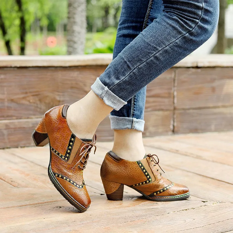 Women Fashion High Heel Oxfords With Rivets Lace-Up Brogue Shoes in Brown