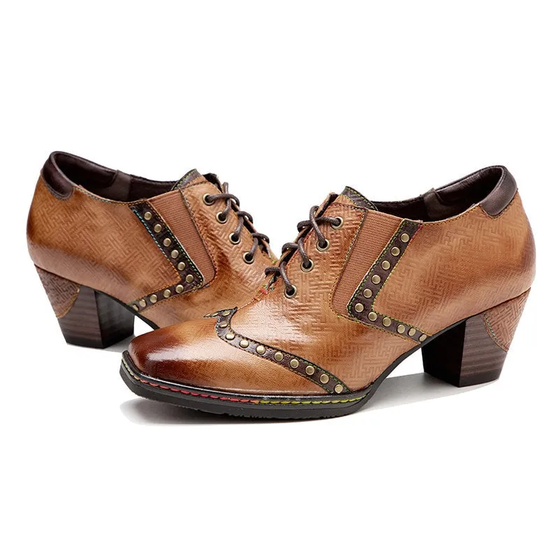 Women Fashion High Heel Oxfords With Rivets Lace-Up Brogue Shoes in Brown