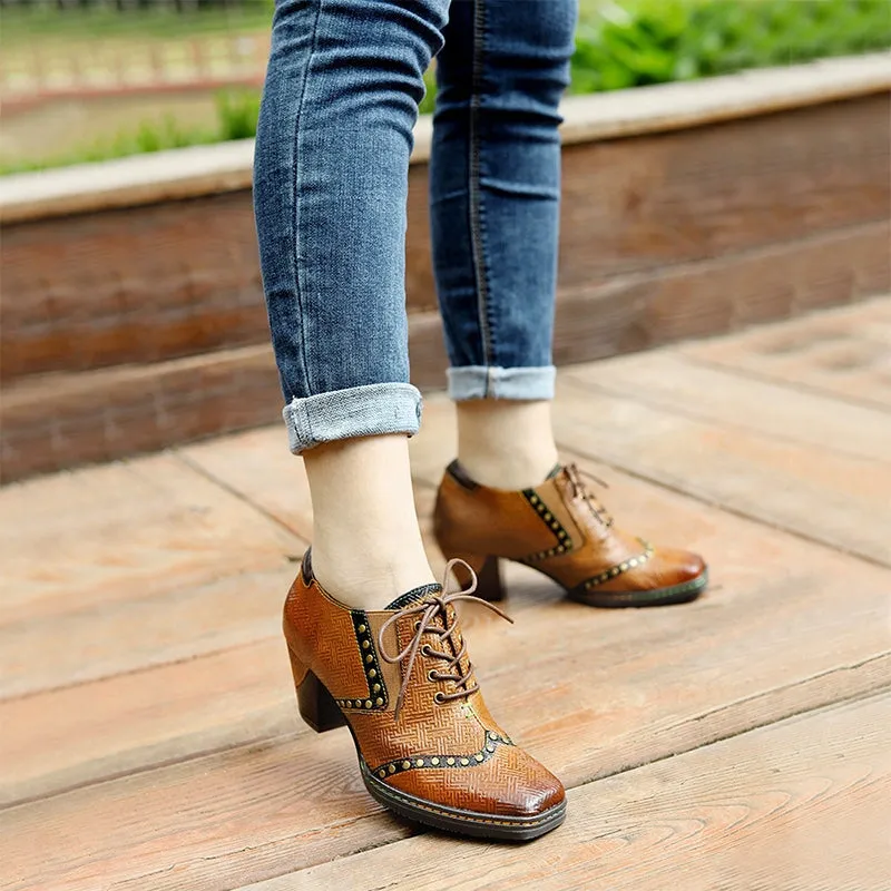 Women Fashion High Heel Oxfords With Rivets Lace-Up Brogue Shoes in Brown