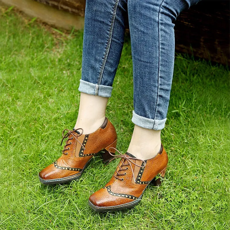 Women Fashion High Heel Oxfords With Rivets Lace-Up Brogue Shoes in Brown