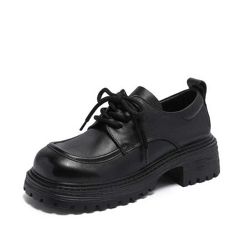 Women Leather Chunky Oxfords & Tie Shoes in Black/Coffee