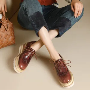 Women Round Toe Lace Up Leather Chunky Brogue Shoes Platform Oxfords in Brown/Red